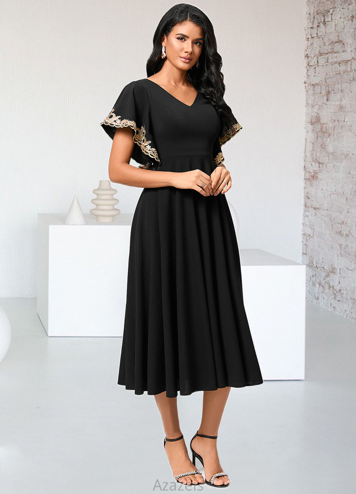 Hilda A-line V-Neck Tea-Length Stretch Crepe Cocktail Dress With Appliques Lace DFP0022463