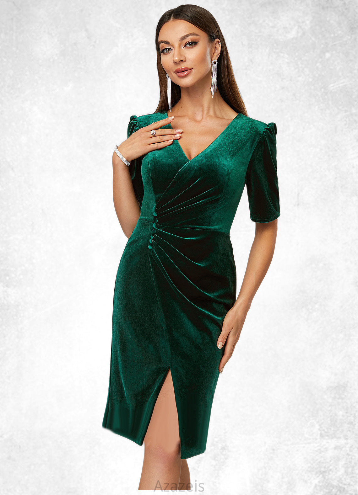 Hedwig Sheath/Column V-Neck Knee-Length Velvet Cocktail Dress With Pleated DFP0022485