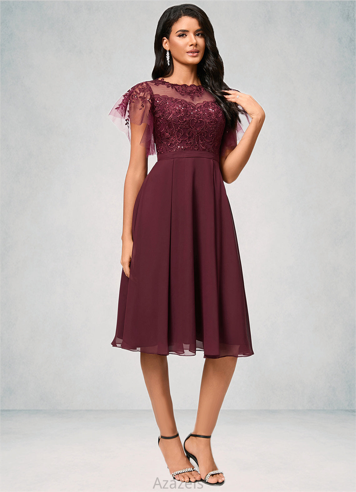 Neveah A-line Illusion Knee-Length Chiffon Cocktail Dress With Sequins DFP0022512