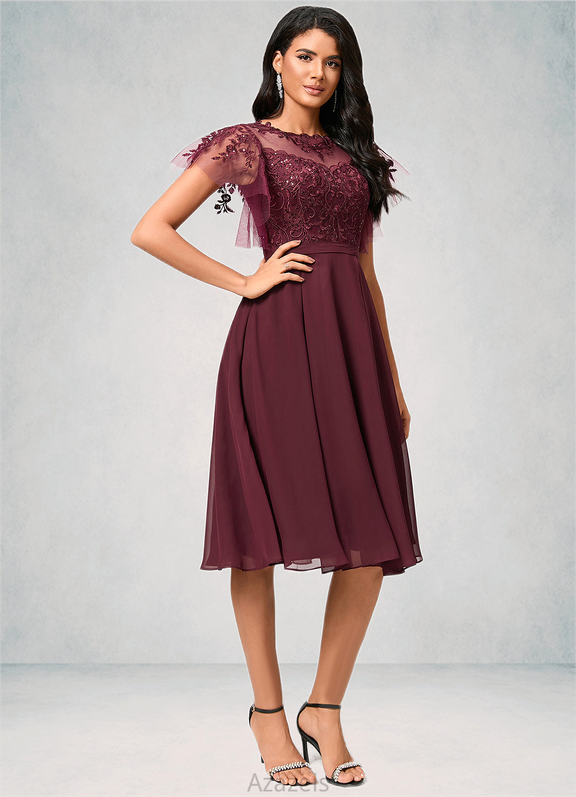 Neveah A-line Illusion Knee-Length Chiffon Cocktail Dress With Sequins DFP0022512