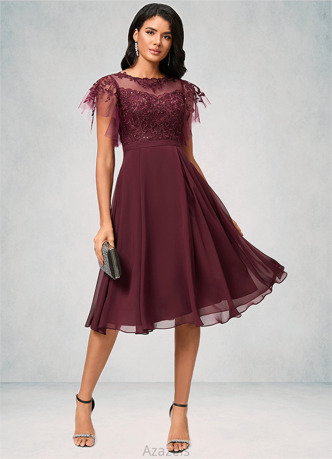 Neveah A-line Illusion Knee-Length Chiffon Cocktail Dress With Sequins DFP0022512