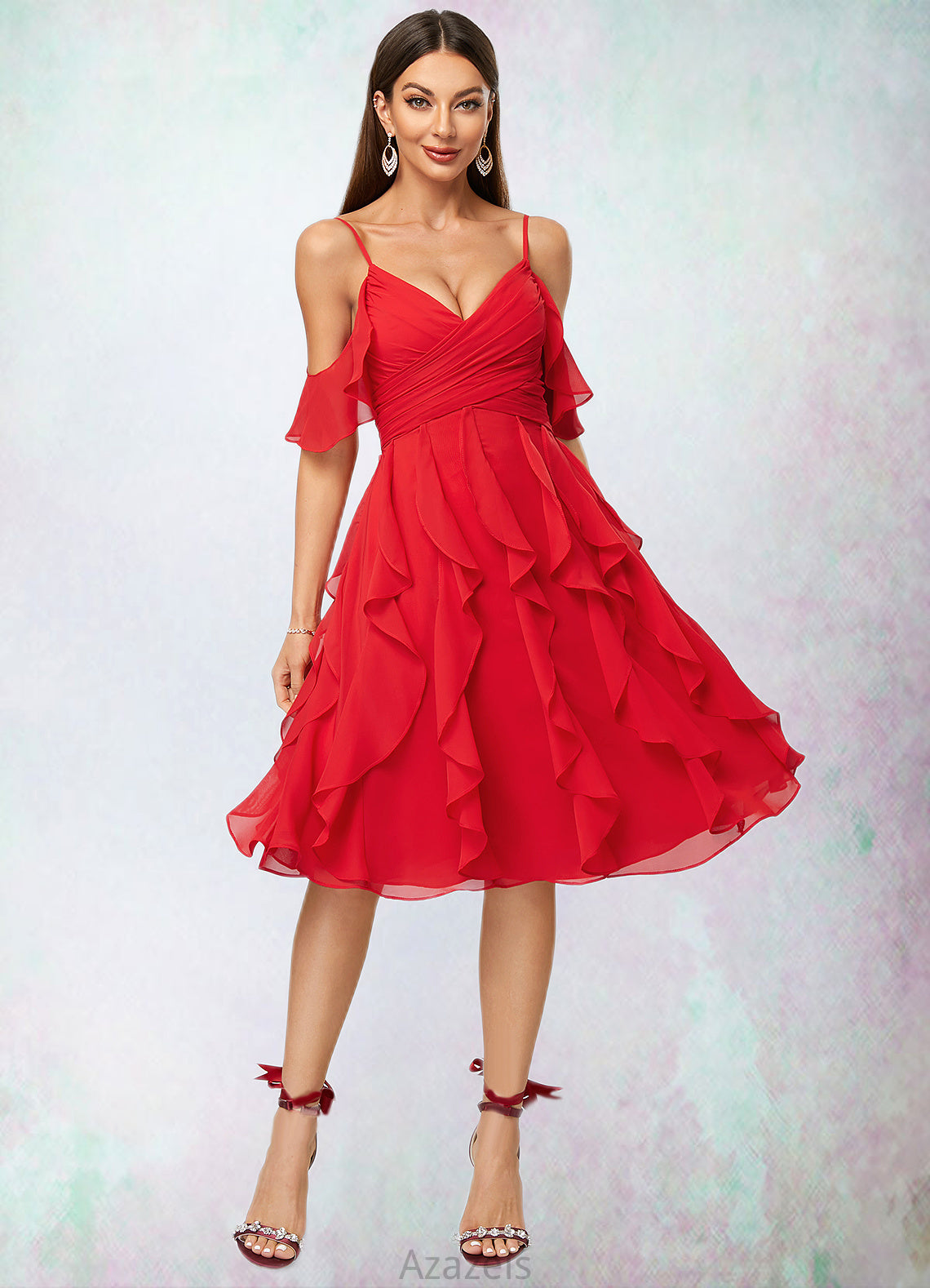 Danna A-line Cold Shoulder Knee-Length Chiffon Cocktail Dress With Cascading Ruffles DFP0022513
