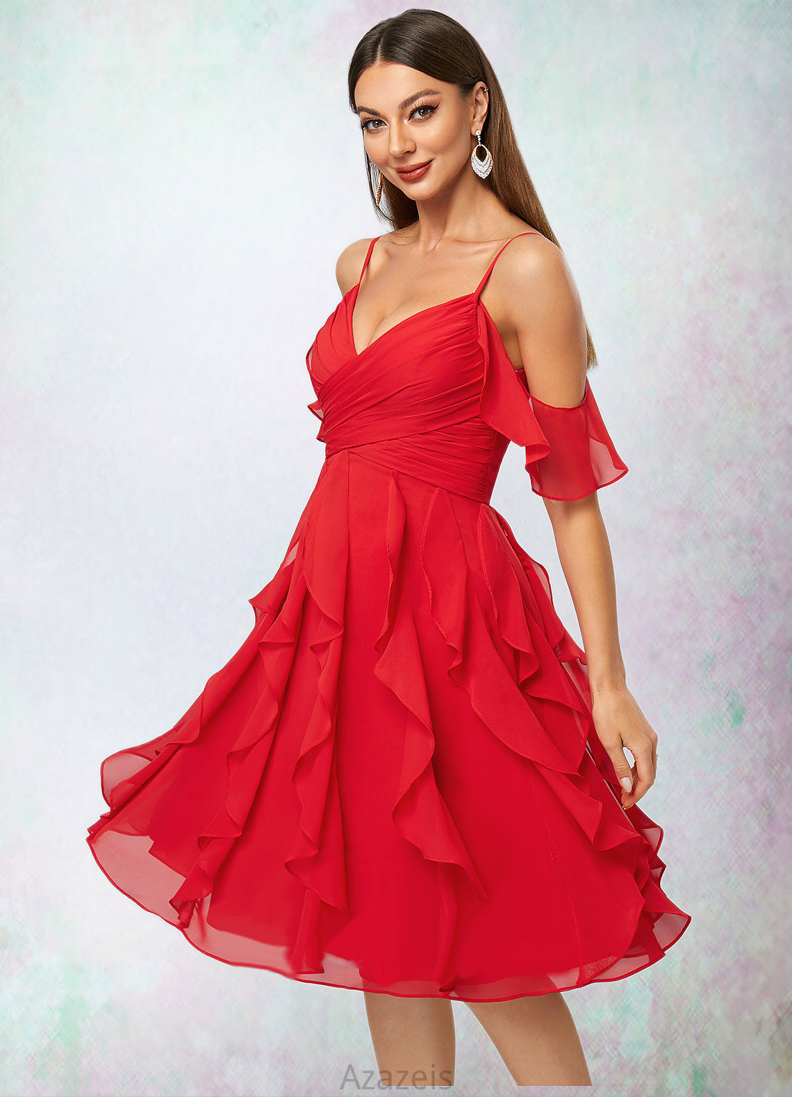 Danna A-line Cold Shoulder Knee-Length Chiffon Cocktail Dress With Cascading Ruffles DFP0022513