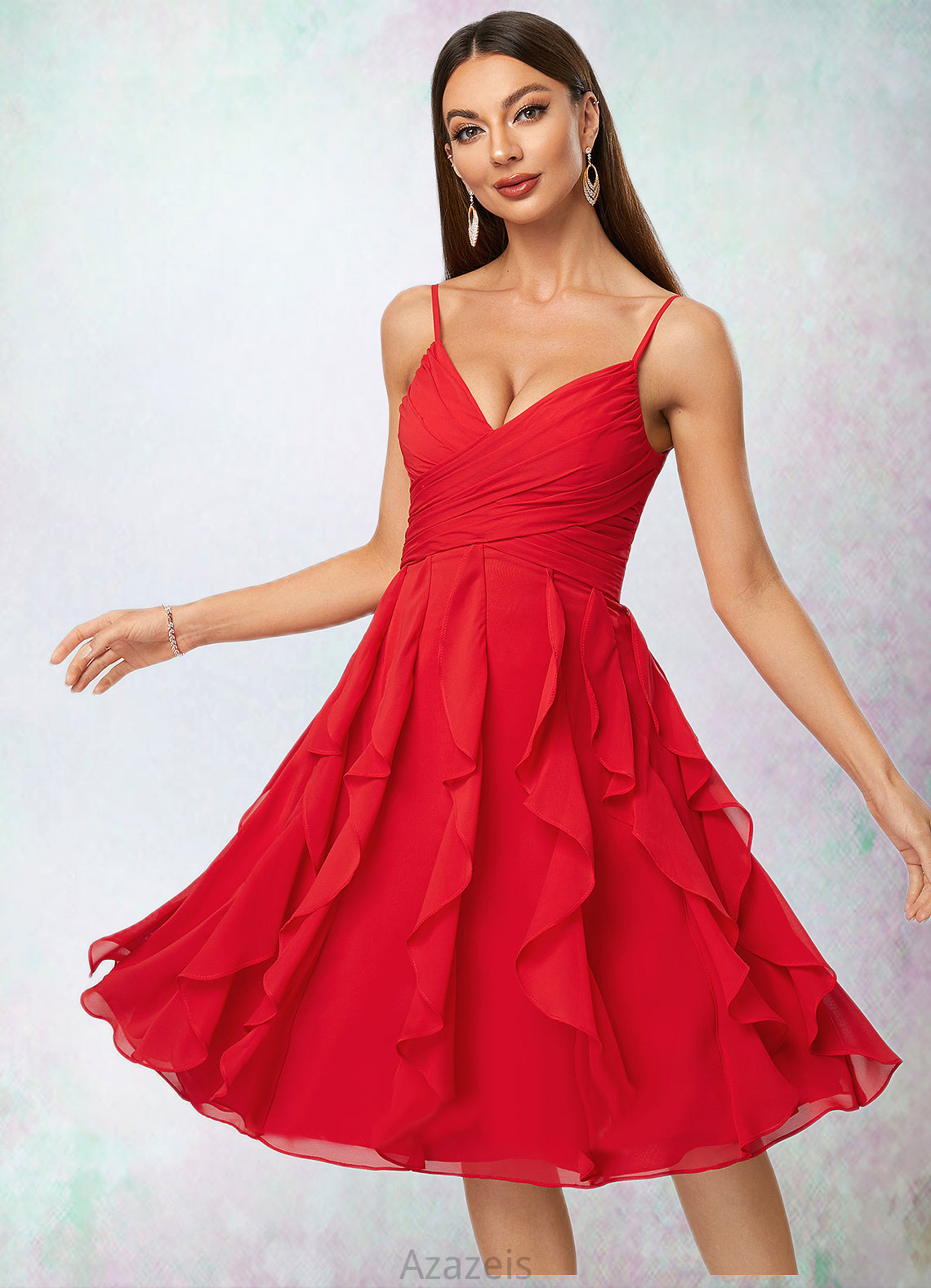 Danna A-line Cold Shoulder Knee-Length Chiffon Cocktail Dress With Cascading Ruffles DFP0022513