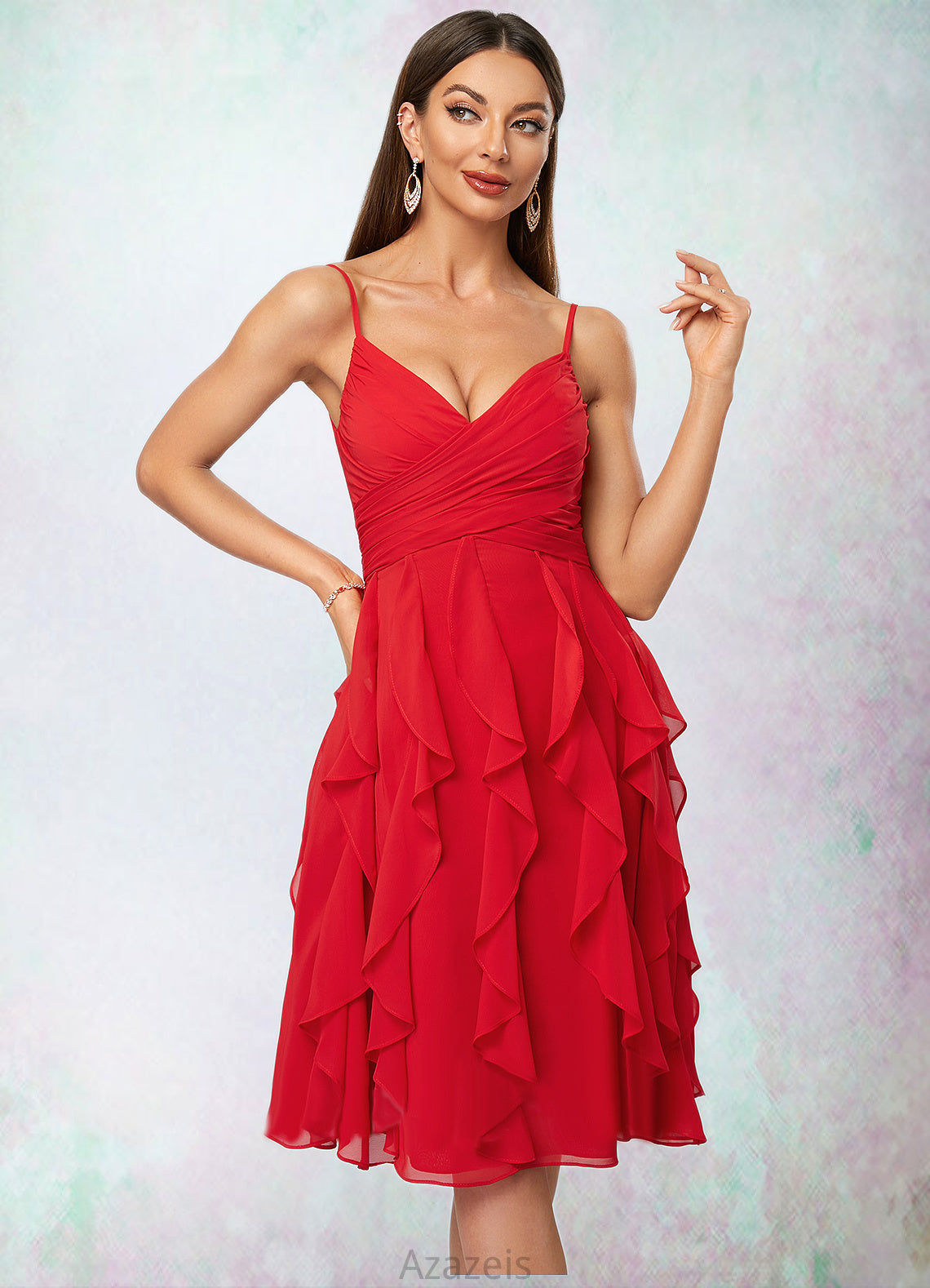 Danna A-line Cold Shoulder Knee-Length Chiffon Cocktail Dress With Cascading Ruffles DFP0022513