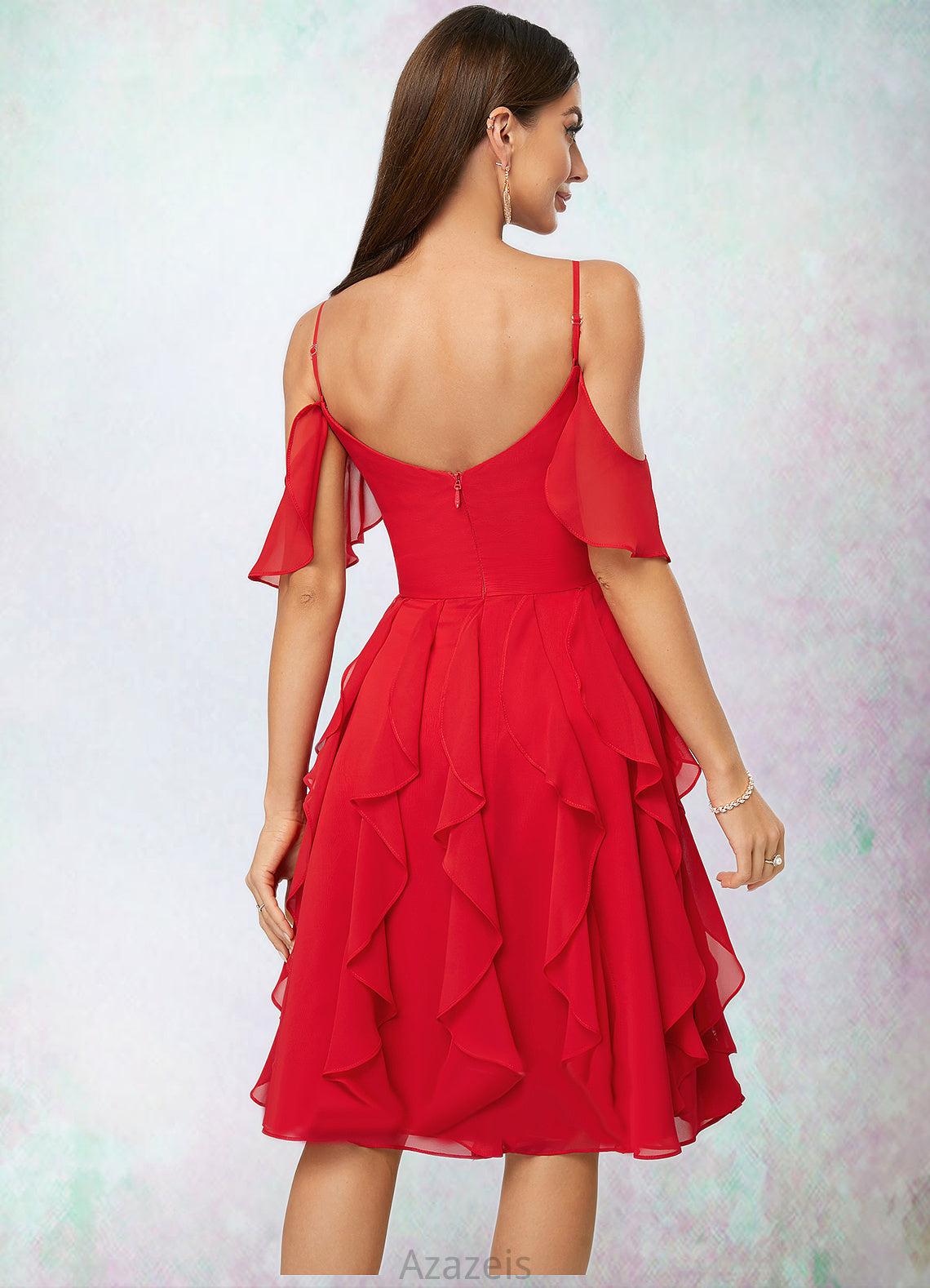 Danna A-line Cold Shoulder Knee-Length Chiffon Cocktail Dress With Cascading Ruffles DFP0022513
