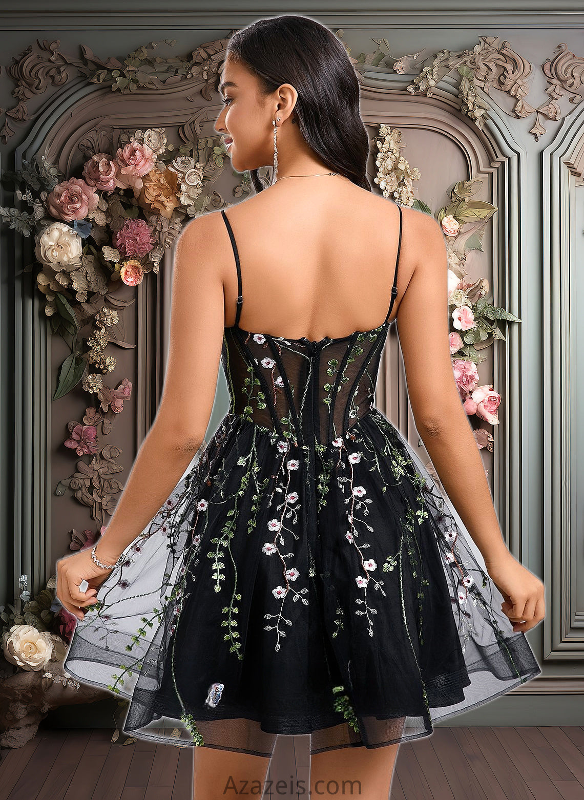 Kamora A-line V-Neck Short Lace Homecoming Dress DFP0025693