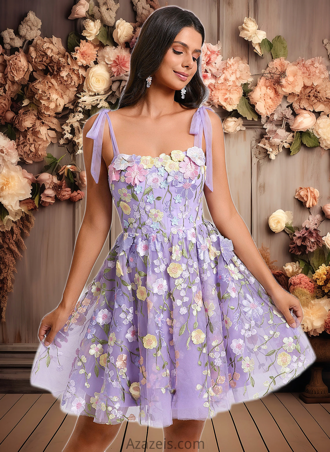 Frida A-line Scoop Short Floral Lace Homecoming Dress With Bow 3D Floral DFP0025695
