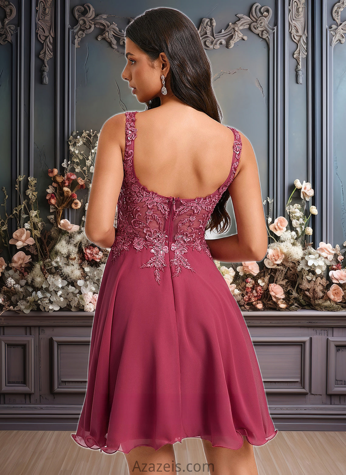 Jocelynn A-line Scoop Short Chiffon Homecoming Dress With Sequins Appliques Lace DFP0025681