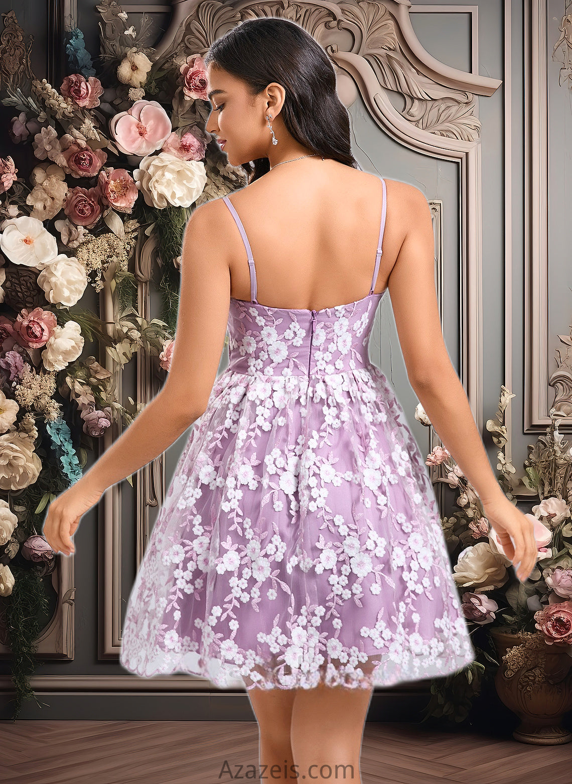 Dania A-line V-Neck Short Lace Homecoming Dress With Embroidered DFP0025697