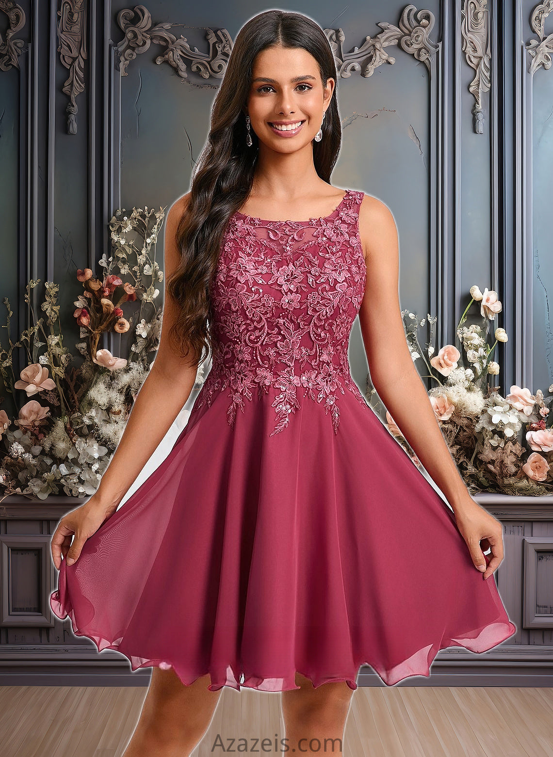Jocelynn A-line Scoop Short Chiffon Homecoming Dress With Sequins Appliques Lace DFP0025681