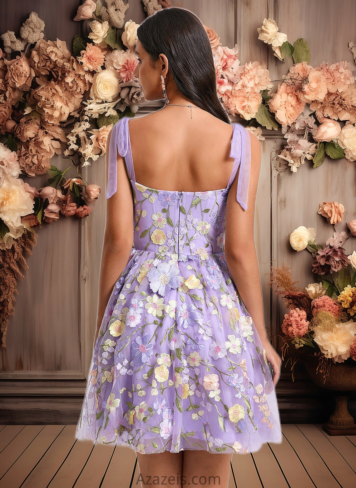 Frida A-line Scoop Short Floral Lace Homecoming Dress With Bow 3D Floral DFP0025695