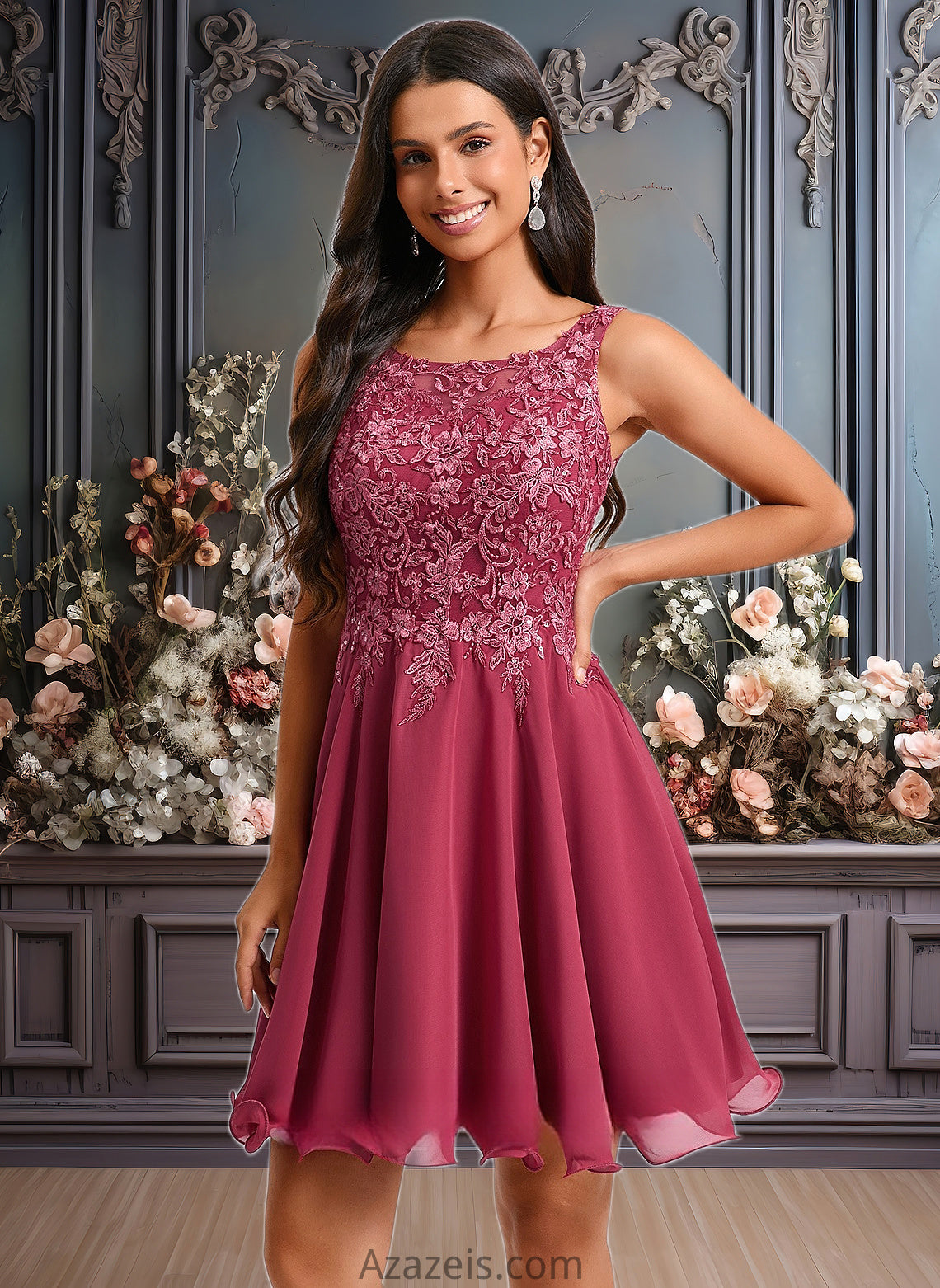 Jocelynn A-line Scoop Short Chiffon Homecoming Dress With Sequins Appliques Lace DFP0025681