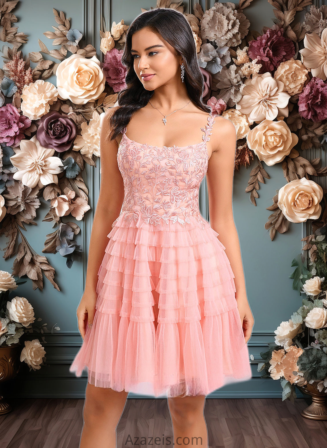 Cindy Ball-Gown/Princess Scoop Short Tulle Lace Homecoming Dress With Ruffle DFP0025676