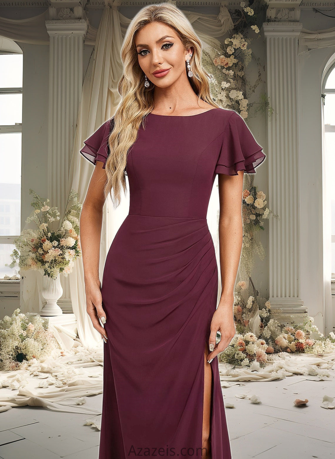 Adeline A-line Boat Neck Floor-Length Chiffon Bridesmaid Dress With Ruffle DFP0025827