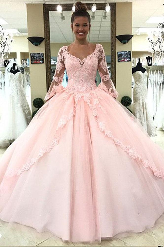 Ball Gown Pink V Neck Long Sleeve Appliques Prom Dresses with Lace up Quinceanera Dresses H1136