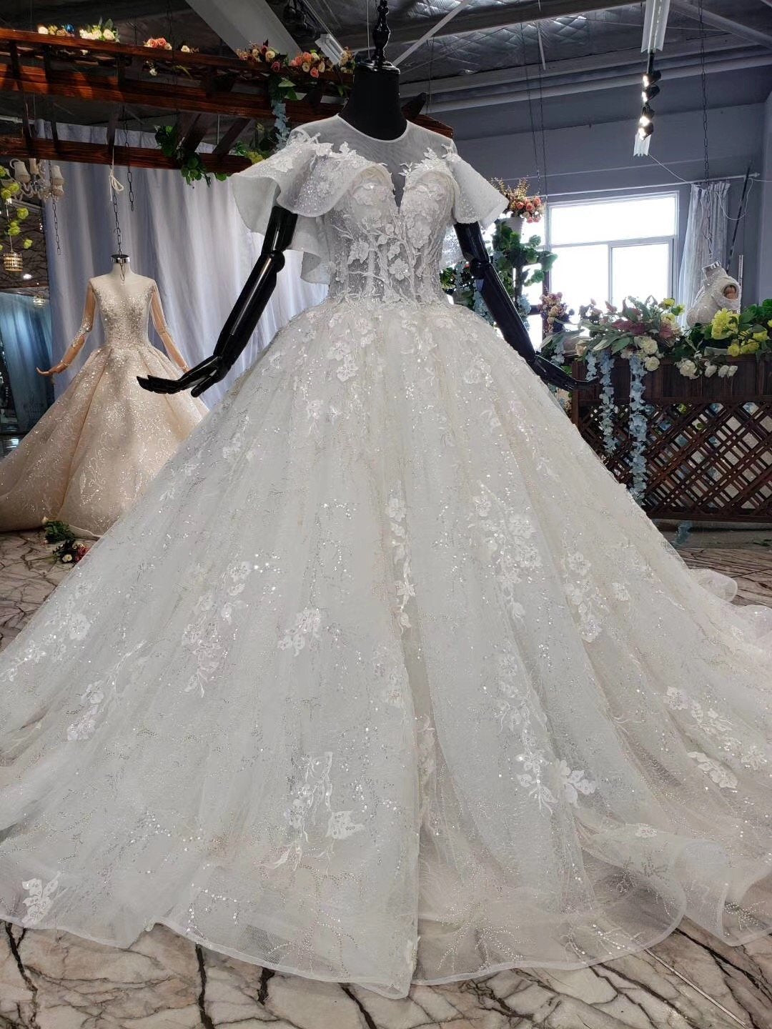 Ball Gown Round Neck Ivory Beads Open Back Wedding Dresses Quinceanera Dresses W1056