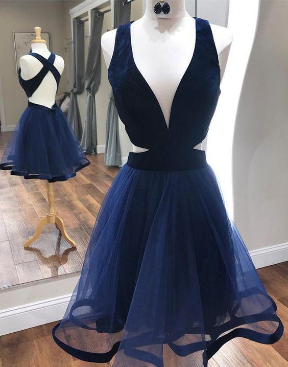 Deep Homecoming Dresses Cocktail Maya A Line V-Neck Sexy Dresses With Criss Cross Back Navy Blue DF11695