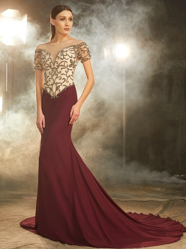 Sheath/Column Sheer Neck Short Sleeves Court Train Beading Chiffon Dresses DFP0002985