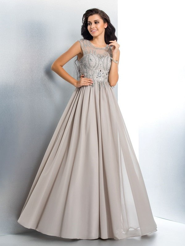 A-Line/Princess Sheer Neck Beading Sleeveless Long Chiffon Dresses DFP0002696