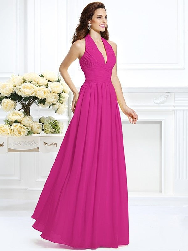 A-Line/Princess Halter Pleats Sleeveless Long Chiffon Bridesmaid Dresses DFP0002801