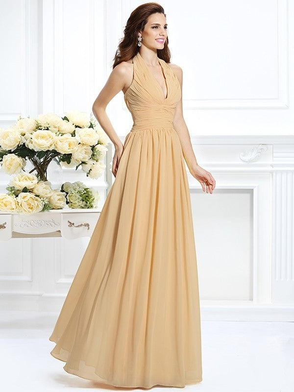 A-Line/Princess Halter Pleats Sleeveless Long Chiffon Bridesmaid Dresses DFP0002801