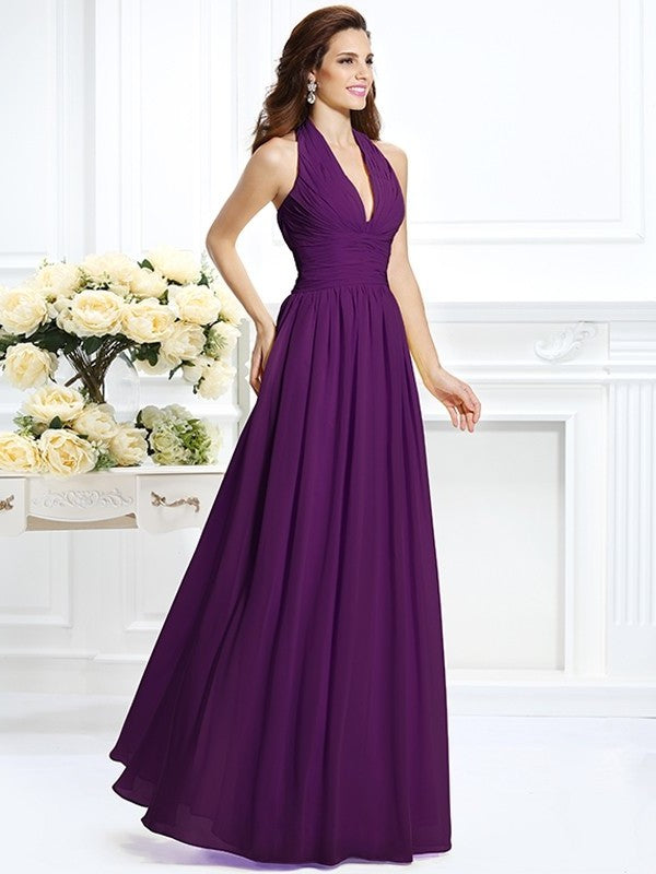 A-Line/Princess Halter Pleats Sleeveless Long Chiffon Bridesmaid Dresses DFP0002801