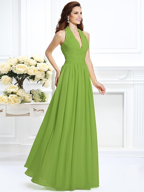 A-Line/Princess Halter Pleats Sleeveless Long Chiffon Bridesmaid Dresses DFP0002801