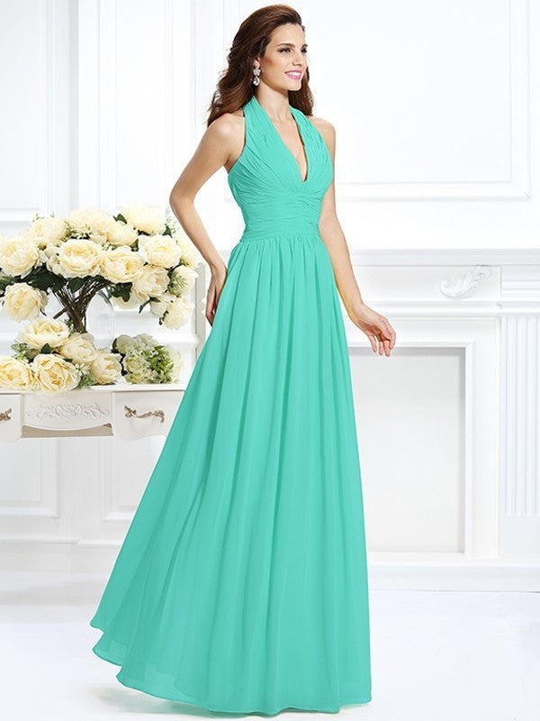 A-Line/Princess Halter Pleats Sleeveless Long Chiffon Bridesmaid Dresses DFP0002801