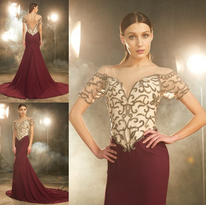 Sheath/Column Sheer Neck Short Sleeves Court Train Beading Chiffon Dresses DFP0002985