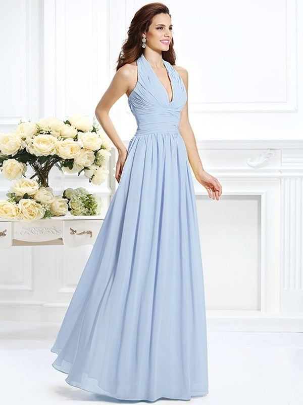 A-Line/Princess Halter Pleats Sleeveless Long Chiffon Bridesmaid Dresses DFP0002801