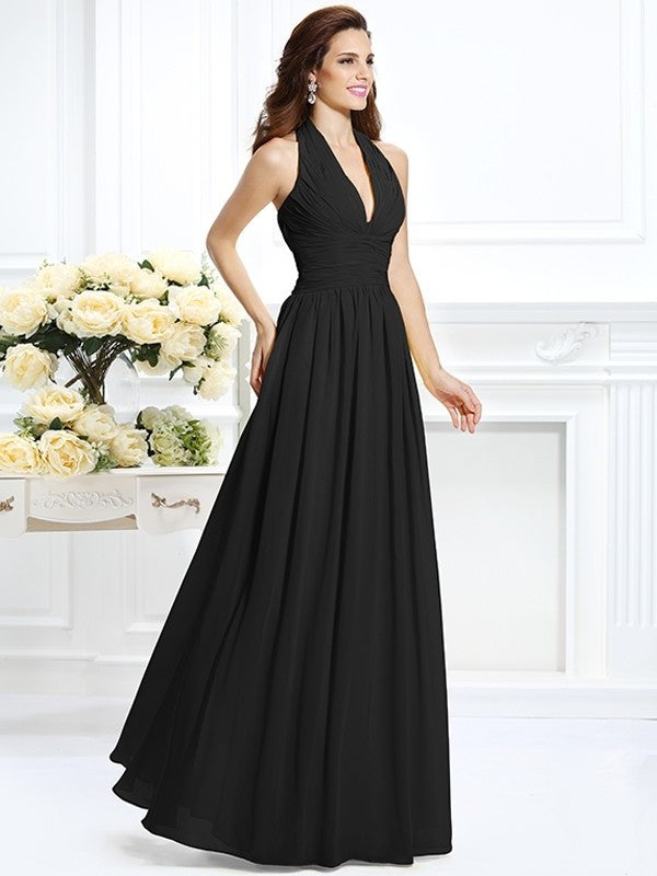 A-Line/Princess Halter Pleats Sleeveless Long Chiffon Bridesmaid Dresses DFP0002801