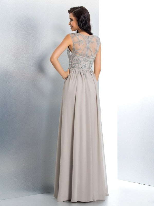 A-Line/Princess Sheer Neck Beading Sleeveless Long Chiffon Dresses DFP0002696