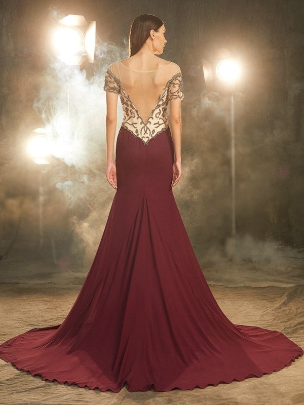 Sheath/Column Sheer Neck Short Sleeves Court Train Beading Chiffon Dresses DFP0002985