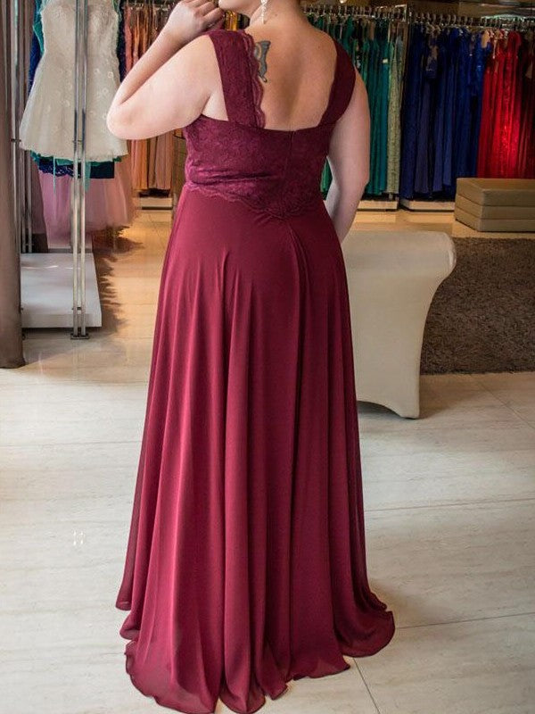 A-Line/Princess V-neck Sleeveless Lace Sweep/Brush Train Chiffon Plus Size Dresses DFP0003013