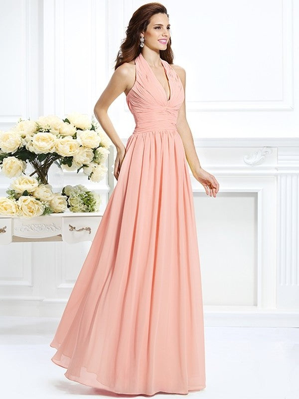 A-Line/Princess Halter Pleats Sleeveless Long Chiffon Bridesmaid Dresses DFP0002801
