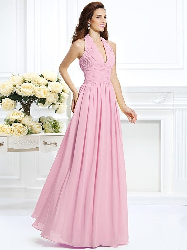 A-Line/Princess Halter Pleats Sleeveless Long Chiffon Bridesmaid Dresses DFP0002801