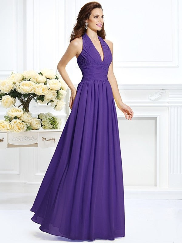 A-Line/Princess Halter Pleats Sleeveless Long Chiffon Bridesmaid Dresses DFP0002801