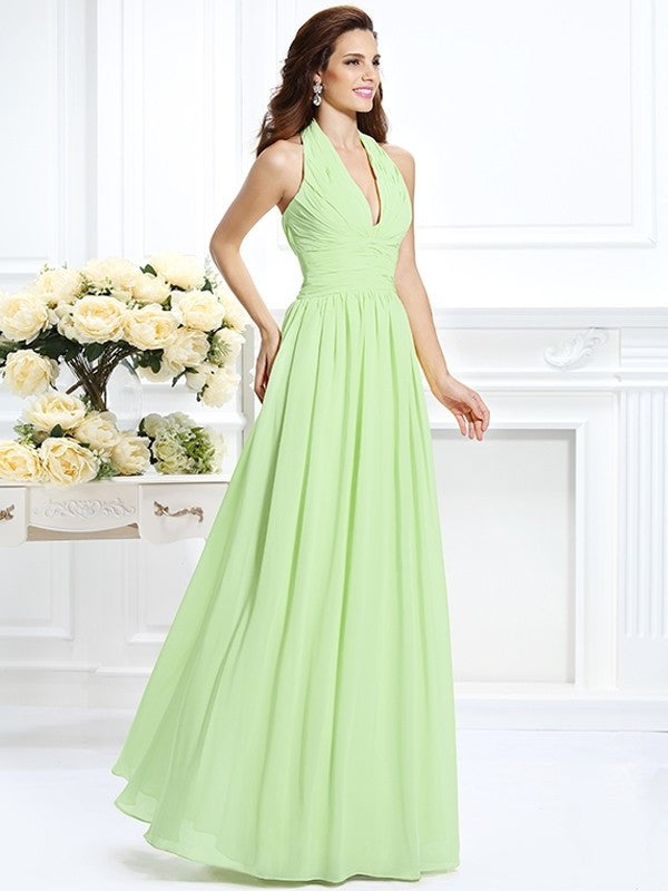 A-Line/Princess Halter Pleats Sleeveless Long Chiffon Bridesmaid Dresses DFP0002801