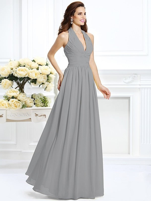 A-Line/Princess Halter Pleats Sleeveless Long Chiffon Bridesmaid Dresses DFP0002801