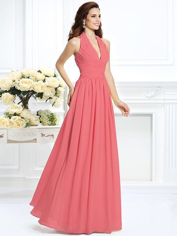 A-Line/Princess Halter Pleats Sleeveless Long Chiffon Bridesmaid Dresses DFP0002801