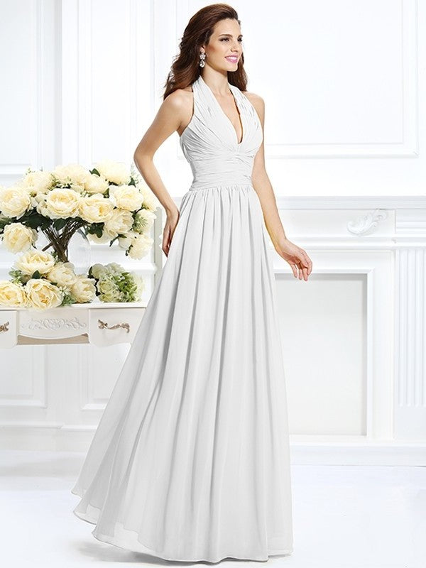 A-Line/Princess Halter Pleats Sleeveless Long Chiffon Bridesmaid Dresses DFP0002801