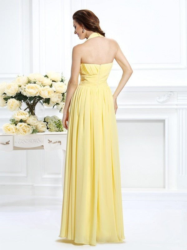 A-Line/Princess Halter Pleats Sleeveless Long Chiffon Bridesmaid Dresses DFP0002801