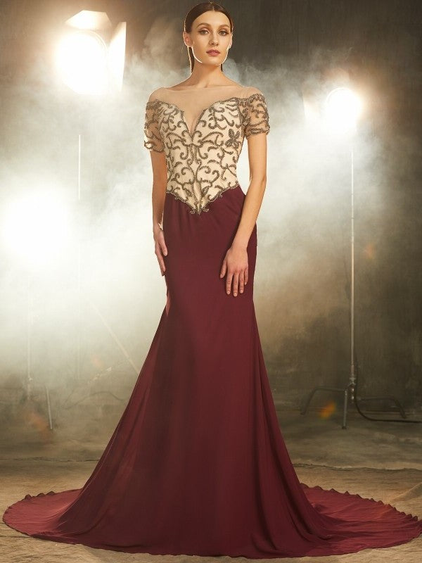Sheath/Column Sheer Neck Short Sleeves Court Train Beading Chiffon Dresses DFP0002985