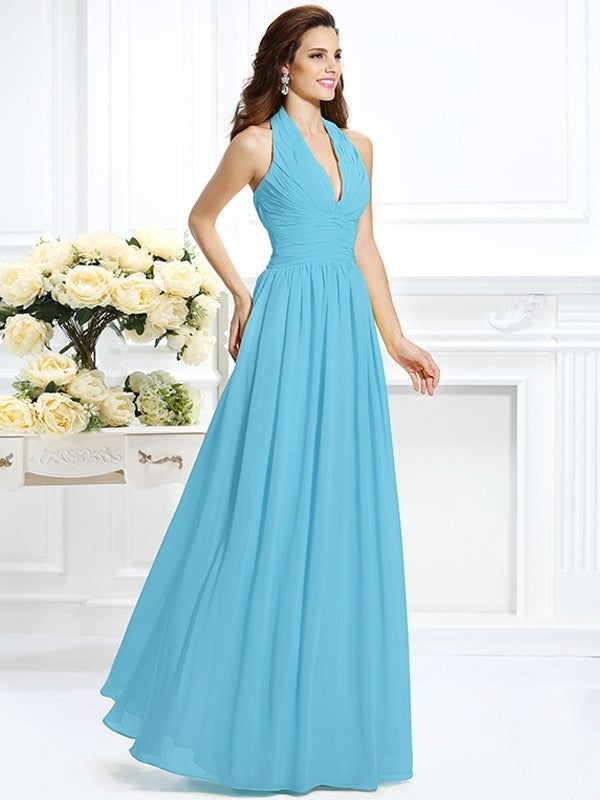 A-Line/Princess Halter Pleats Sleeveless Long Chiffon Bridesmaid Dresses DFP0002801