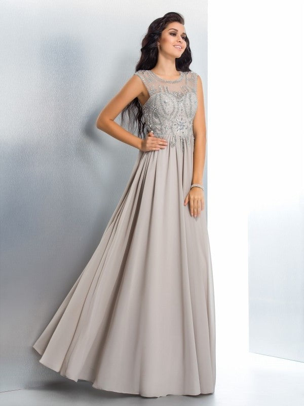 A-Line/Princess Sheer Neck Beading Sleeveless Long Chiffon Dresses DFP0002696