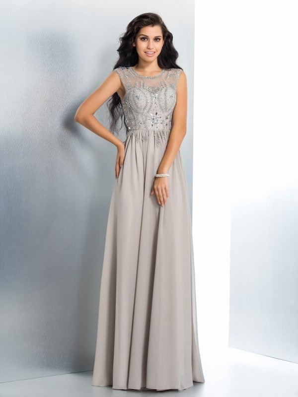 A-Line/Princess Sheer Neck Beading Sleeveless Long Chiffon Dresses DFP0002696