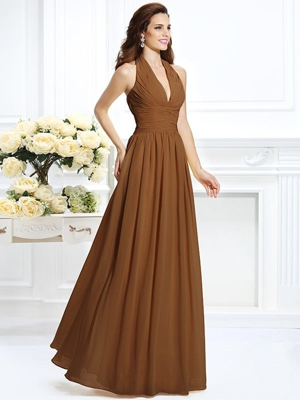 A-Line/Princess Halter Pleats Sleeveless Long Chiffon Bridesmaid Dresses DFP0002801