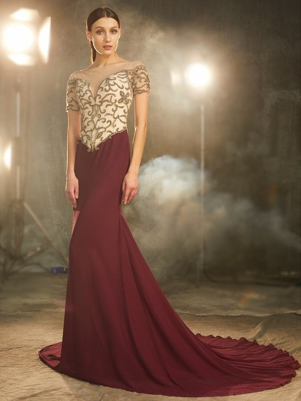 Sheath/Column Sheer Neck Short Sleeves Court Train Beading Chiffon Dresses DFP0002985