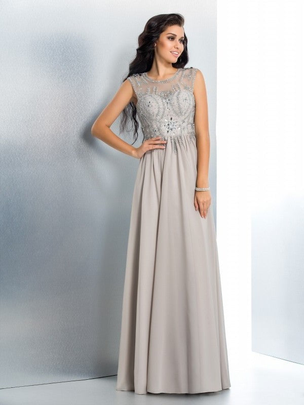 A-Line/Princess Sheer Neck Beading Sleeveless Long Chiffon Dresses DFP0002696